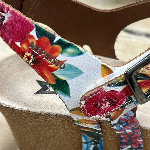 Mephisto Floral Leather Cork Wedge Sandals | Size 39