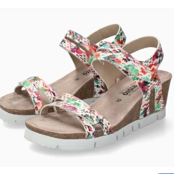 Mephisto Floral Leather Cork Wedge Sandals | Size 39