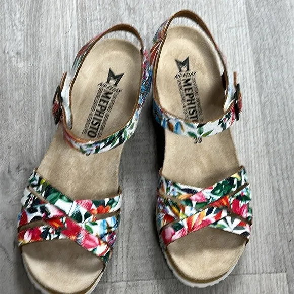 Mephisto Floral Leather Cork Wedge Sandals | Size 39