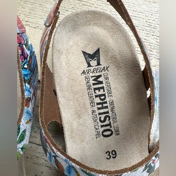 Mephisto Floral Leather Cork Wedge Sandals | Size 39