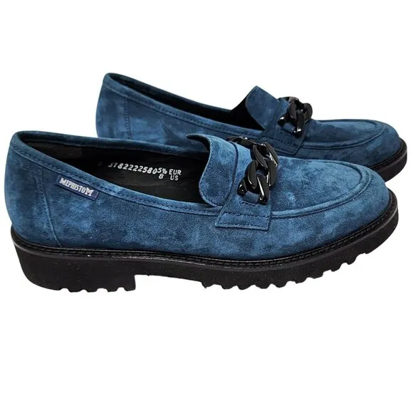 Mephisto Womens Blue Suede Loafers With Black Chain Detail Size 8 US