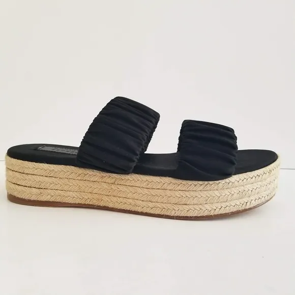 Mercedes Castillo Yolanda Slides Womens Sz 8.5 Black Satin Platform Sandals