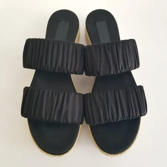 Mercedes Castillo Yolanda Slides Womens Sz 8.5 Black Satin Platform Sandals