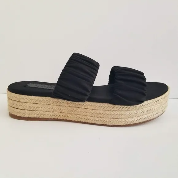 Mercedes Castillo Yolanda Slides Womens Sz 8.5 Black Satin Platform Sandals
