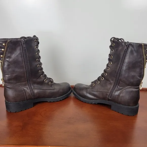 Michael Kors Dark Brown Leather with Gold Detail Lace/Zip Combat Boots Size 6