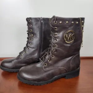 Michael Kors Dark Brown Leather with Gold Detail Lace/Zip Combat Boots Size 6