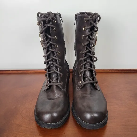 Michael Kors Dark Brown Leather with Gold Detail Lace/Zip Combat Boots Size 6
