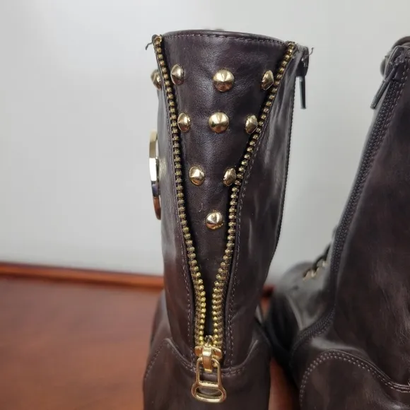 Michael Kors Dark Brown Leather with Gold Detail Lace/Zip Combat Boots Size 6
