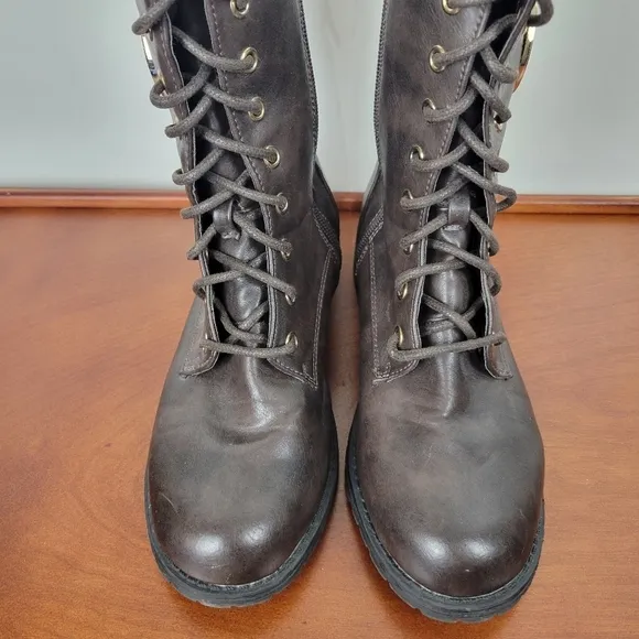 Michael Kors Dark Brown Leather with Gold Detail Lace/Zip Combat Boots Size 6