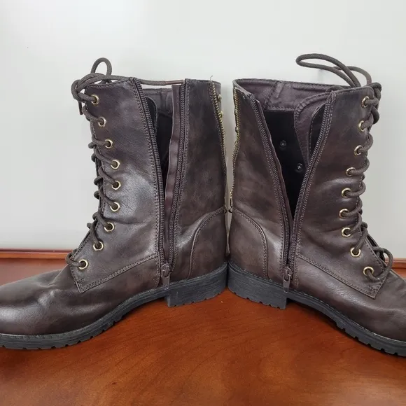Michael Kors Dark Brown Leather with Gold Detail Lace/Zip Combat Boots Size 6
