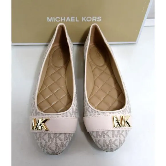 Michael Kors Jilly Ballet Flat Shoes Round Toe MK Logo Vanilla Ivory Size 8