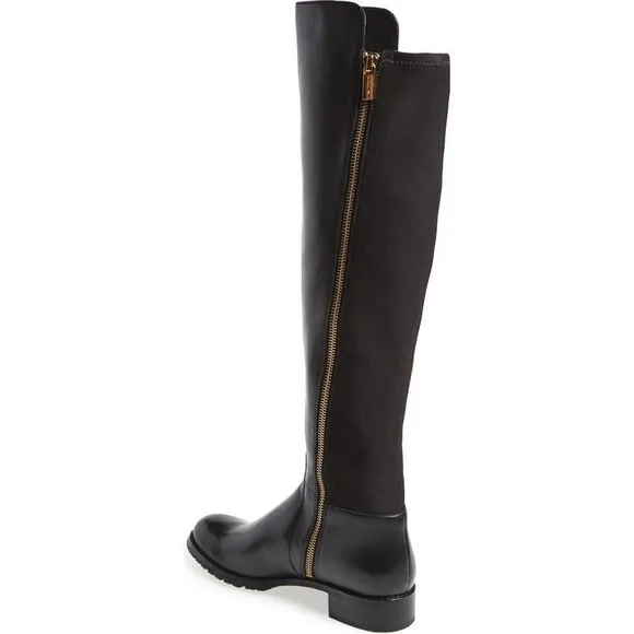 Michael Kors JOANIE Stretch Black Leather Gold Zip Over Knee Boots 5.5 NIB $250