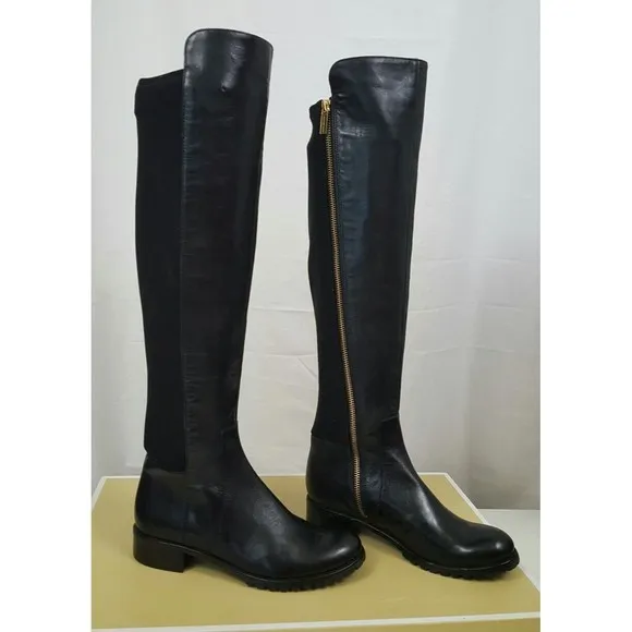 Michael Kors JOANIE Stretch Black Leather Gold Zip Over Knee Boots 5.5 NIB $250