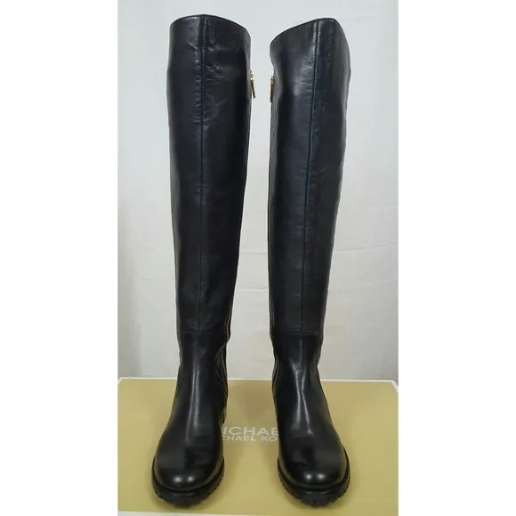 Michael Kors JOANIE Stretch Black Leather Gold Zip Over Knee Boots 5.5 NIB $250