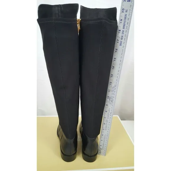 Michael Kors JOANIE Stretch Black Leather Gold Zip Over Knee Boots 5.5 NIB $250