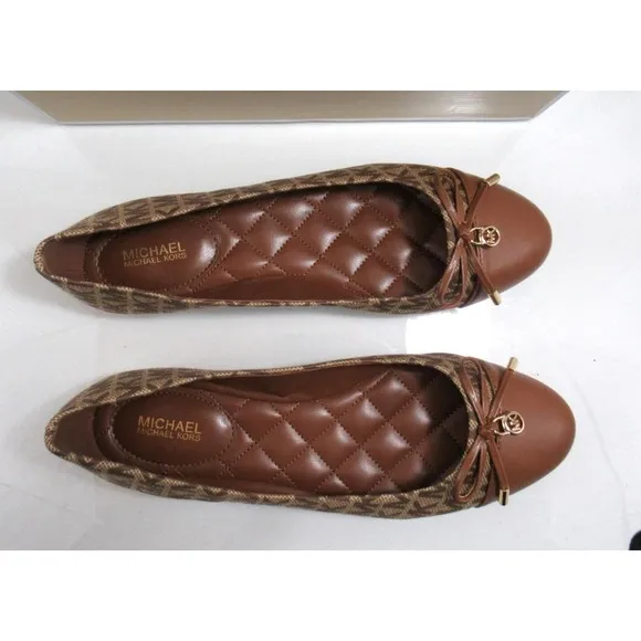 Michael Kors Melody Toe Cap Bow Ballet Flat Shoes MK Logo Beige / Ebony Size 8