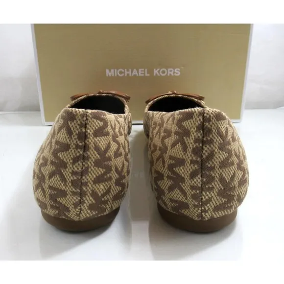 Michael Kors Melody Toe Cap Bow Ballet Flat Shoes MK Logo Beige / Ebony Size 8