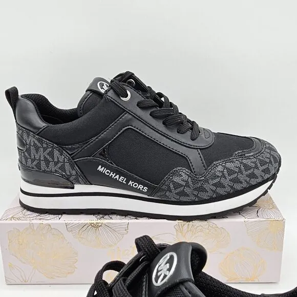 Michael Kors Wilma Logo Trainer Womens Sneakers 7 Black MK Monogram Gym Workout