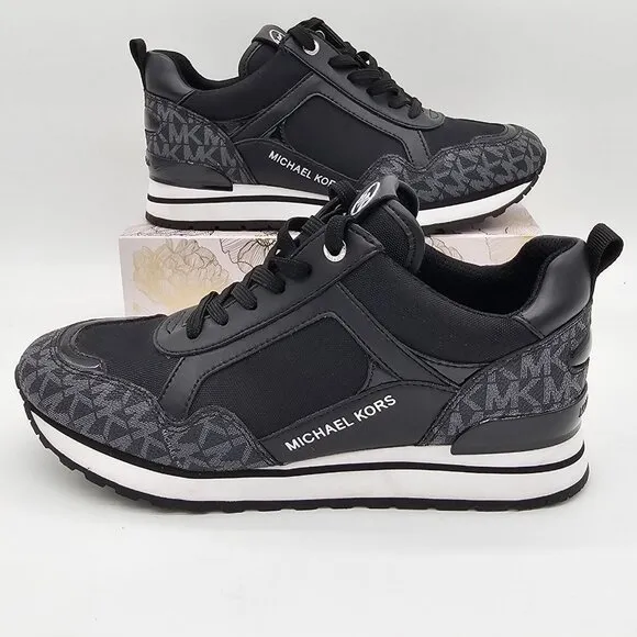 Michael Kors Wilma Logo Trainer Womens Sneakers 7 Black MK Monogram Gym Workout