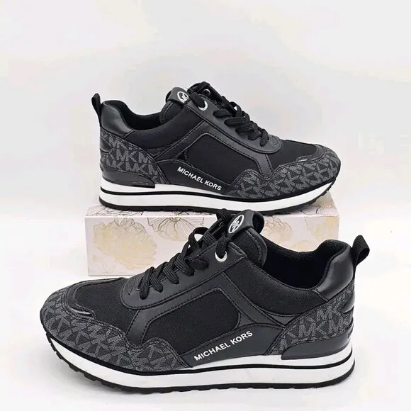 Michael Kors Wilma Logo Trainer Womens Sneakers 7 Black MK Monogram Gym Workout