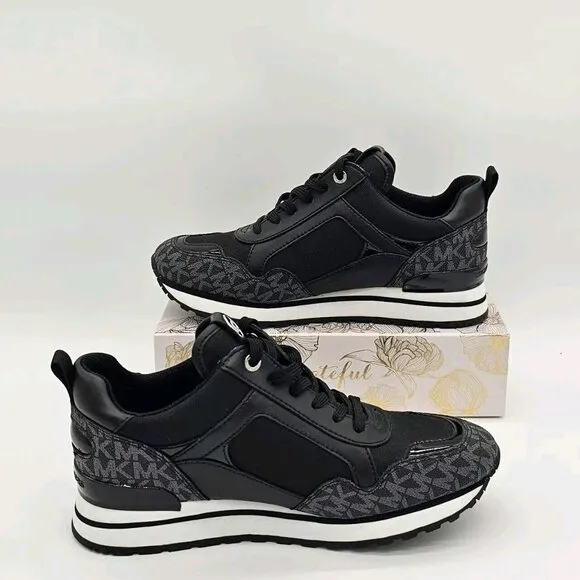 Michael Kors Wilma Logo Trainer Womens Sneakers 7 Black MK Monogram Gym Workout