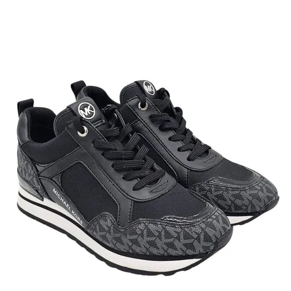 Michael Kors Wilma Logo Trainer Womens Sneakers 7 Black MK Monogram Gym Workout