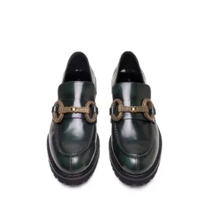 Michele Lopriore Milano Asport Leather Cognac strass buckle Lava Olive Loafers