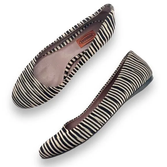 Missoni Ballet Flats Striped Fabric Black Tan Ballerina Flat Size 38.5 | US 8.5