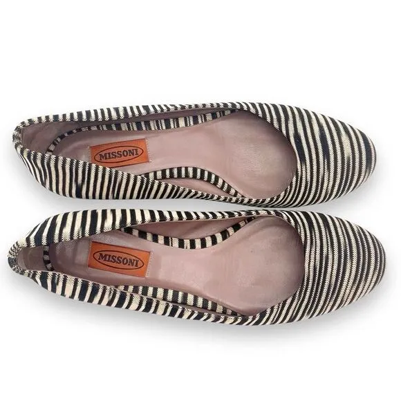 Missoni Ballet Flats Striped Fabric Black Tan Ballerina Flat Size 38.5 | US 8.5