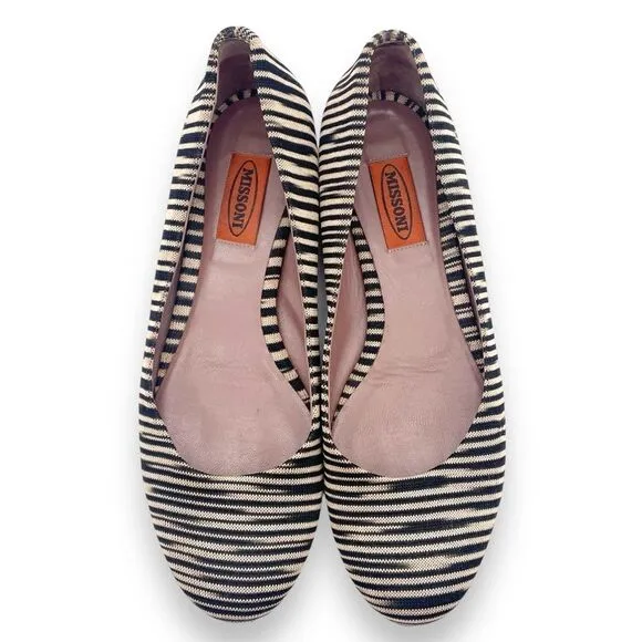 Missoni Ballet Flats Striped Fabric Black Tan Ballerina Flat Size 38.5 | US 8.5