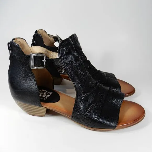 Miz Mooz Corra SANDALS Size 38 7.5 8 Peep Toe Black Embroidered Leather NEW