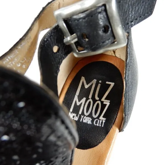 Miz Mooz Corra SANDALS Size 38 7.5 8 Peep Toe Black Embroidered Leather NEW