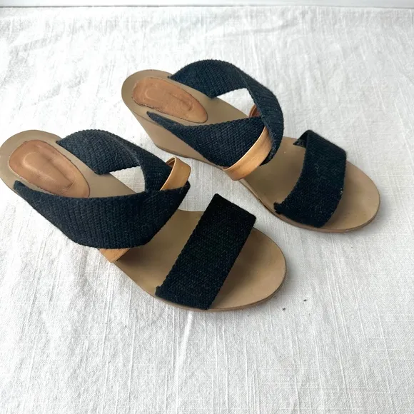 MM6 Maison Margiela Wedge Sandals Black Fabric‎ Strappy Slip On Slides 37