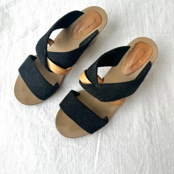 MM6 Maison Margiela Wedge Sandals Black Fabric‎ Strappy Slip On Slides 37