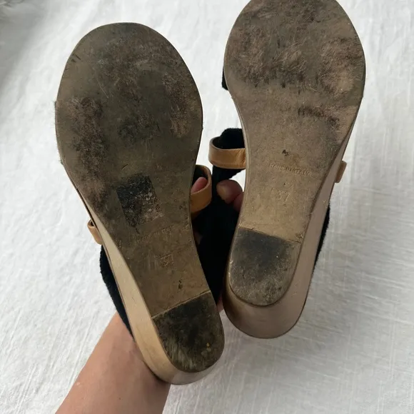 MM6 Maison Margiela Wedge Sandals Black Fabric‎ Strappy Slip On Slides 37