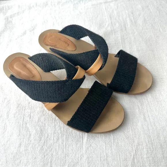 MM6 Maison Margiela Wedge Sandals Black Fabric‎ Strappy Slip On Slides 37