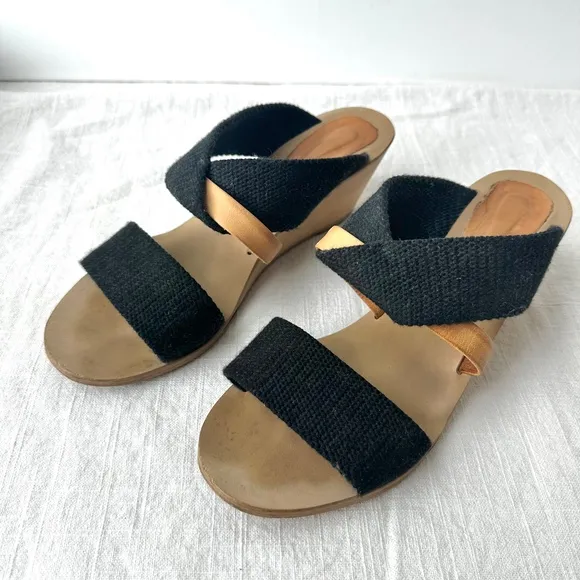 MM6 Maison Margiela Wedge Sandals Black Fabric‎ Strappy Slip On Slides 37