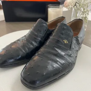 Moreschi Black Leather Loafers Slip-On Ostrich-Textured