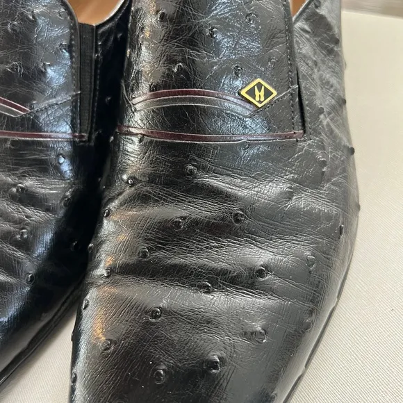 Moreschi Black Leather Loafers Slip-On Ostrich-Textured
