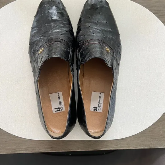 Moreschi Black Leather Loafers Slip-On Ostrich-Textured