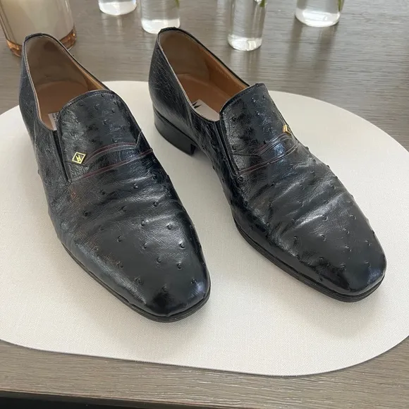 Moreschi Black Leather Loafers Slip-On Ostrich-Textured