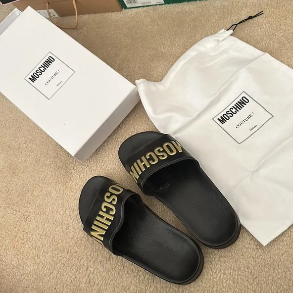 Moschino Black and Gold Slides