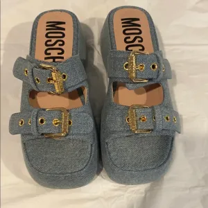 Moschino Denim Slides with Gold Buckles