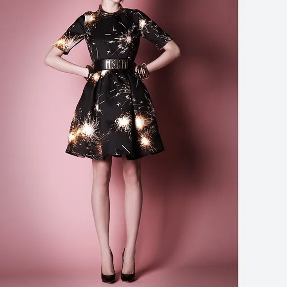 MSGM Black Silk Fireworks Sparklers Fourth of July Fit Flare Dress