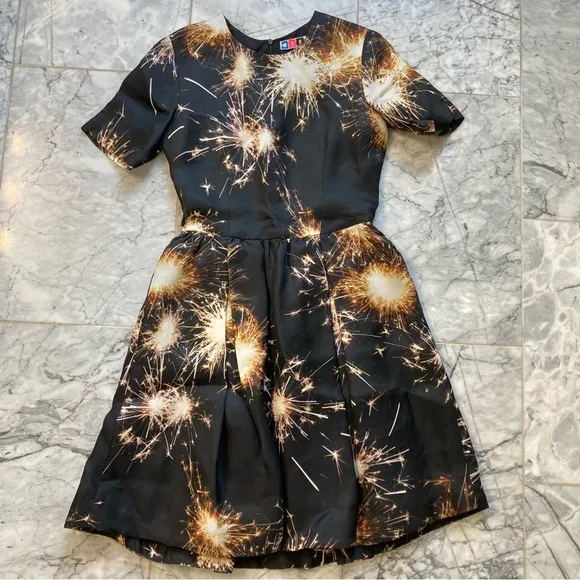MSGM Black Silk Fireworks Sparklers Fourth of July Fit Flare Dress