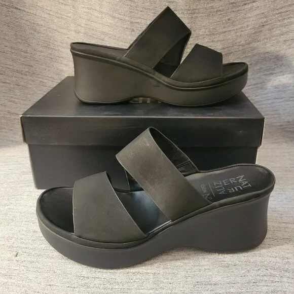 Naturalizer Genn-Rally Slide Wedge Sandals - Black Faux Nubuck