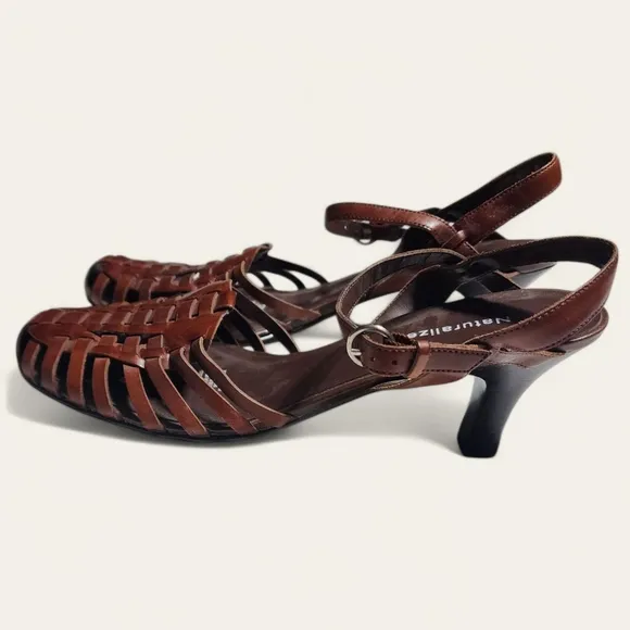 Naturalizer Woven Leather Kitten Heel Sandals – Brown, Size 8.5