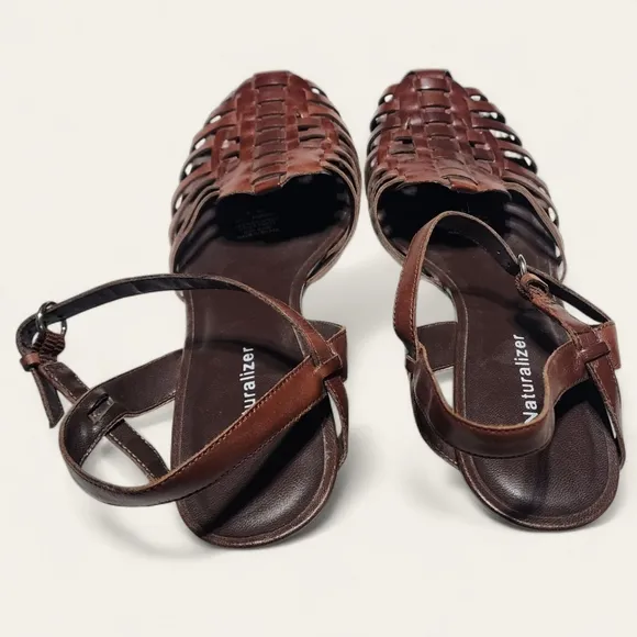 Naturalizer Woven Leather Kitten Heel Sandals – Brown, Size 8.5