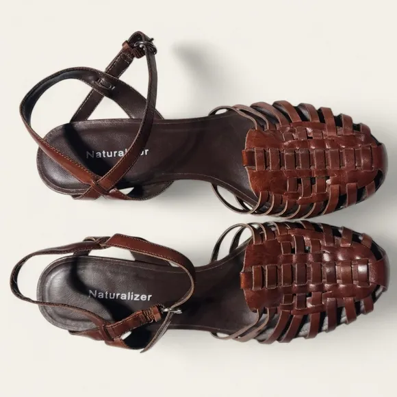 Naturalizer Woven Leather Kitten Heel Sandals – Brown, Size 8.5