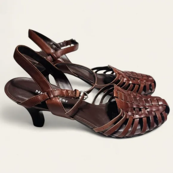 Naturalizer Woven Leather Kitten Heel Sandals – Brown, Size 8.5